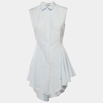 Pre Owned Christian Dior Blue Pinstripe Cotton Sleeveless Flared Shirt Dress M
