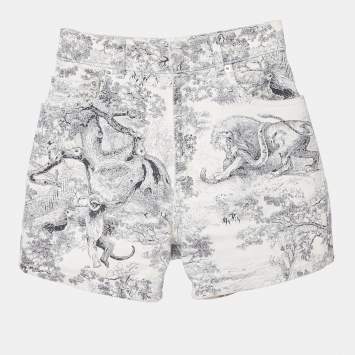 Pre Owned Christian Dior White/Blue Denim Toile de Jouy  Shorts XS