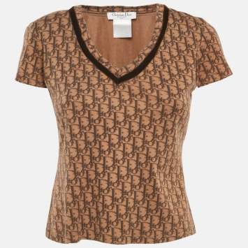Pre Owned Christian Dior Brown Oblique Jersey V-Neck Top M