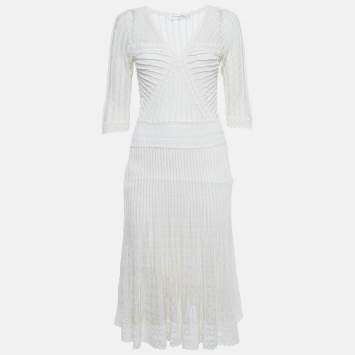 Pre Owned Christian Dior Off-White Pointelle Knit Flared Midi Dress L