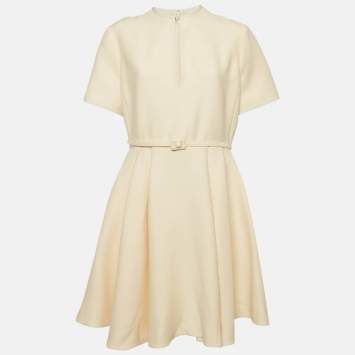 Christian Dior Cream Wool & Silk Crepe Pleated Belted Mini Dress XL