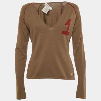 Dior Caramel Brown Long Sleeve V-Neck John Galliano Sweater L