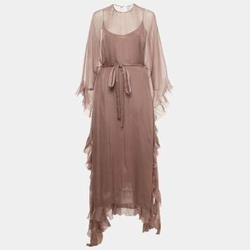 Christian Dior Mauve Silk Ruffled Belted Kaftan Dress L