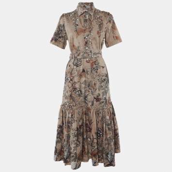 Pre Owned Chistian Dior Pink Printed Denim Belted Maxi Dress M