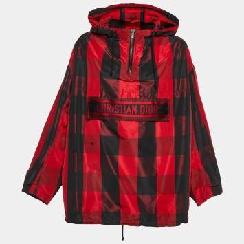 Pre Owned Dior Red Checked Synthetic Hooded Anorak Jacket S