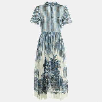 Pre Owned Dior Blue Striped Palm Print Cotton Midi Dress M