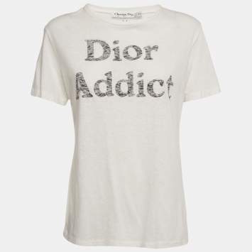 Pre Owned Christian Dior White Dior Addict Print Jersey Crewneck T-Shirt M