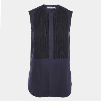 Pre Owned Dior Navy Blue Cotton Lace Trim Sleeveless Top S