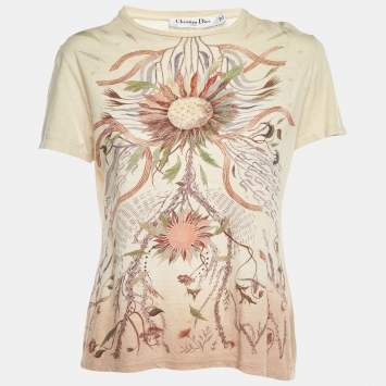 Pre Owned Dior Pale Yellow Flower Print Cotton & Linen Crew Neck T-Shirt S