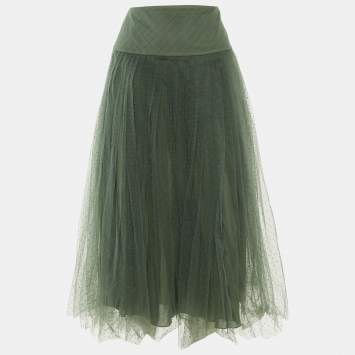 Pre Owned Dior Sage Green Plumetis Tulle Midi Skirt S