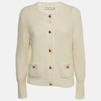 Pre Owned Christian Dior Off White Textured Wool Button Detail Cardigan XL