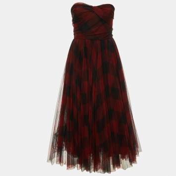 Pre Owned Dior Red Checked Tulle Strapless Bustier Dress M