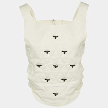 Pre Owned Dior Ivory Cotton Bee Bead Embroidered Strapped Vest M