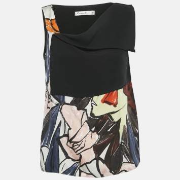 Pre Owned Christian Dior Black Printed Silk Blend Asymmetrical Detail Top M 