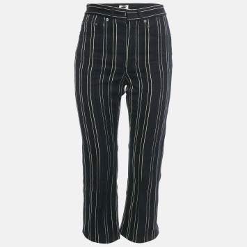 Pre Owned Christian Dior Navy Blue Striped Denim Flared Crop Jeans S Waist 27"