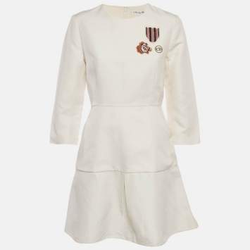 Pre Owned Christian Dior Off-White Cotton Applique Detail Mini Dress M