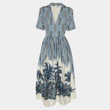 Pre Owned Dior Blue Toile de Jouy Palm Print Silk Maxi Dress M