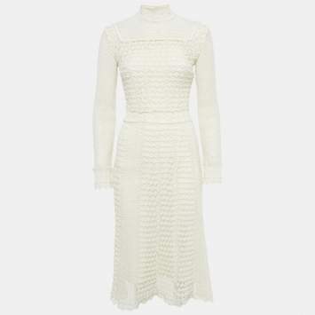 Pre Owned Dior Ecru White Patterned Cotton Blend Knit Midi Dress S