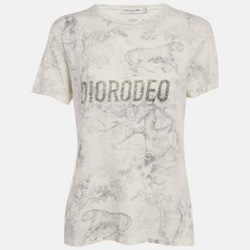 Pre Owned Dior White Diorodeo Jungle Print Cotton Linen T-Shirt M