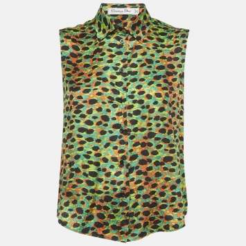 Pre Owned Dior Multicolor/Green Printed Silk Sleeveless Button Front Blouse S