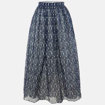 Pre Owned Dior Navy Blue Logo Print Cotton Midi Skirt M