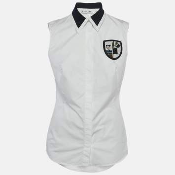 Pre Owned Dior White Cotton Poplin Badge Detail Sleeveless Shirt L