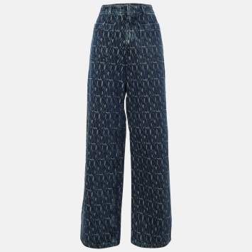 Pre Owned Dior Blue Logo Jacquard Denim Wide Leg Jeans M/Waist 30"