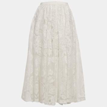 Pre Owned Dior White Lace Midi Skirt S
