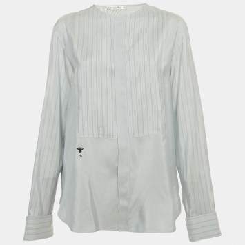 Pre Owned Christian Dior Blue Striped Silk Full Sleeve Blouse XL