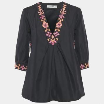 Pre Owned Christian Dior Navy Blue Embellished Cotton Silk Blouse M