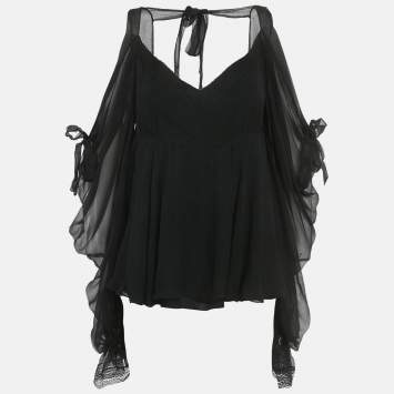 Pre Owned Christian Dior Black Silk Lace Trim Tie -Up Blouse M
