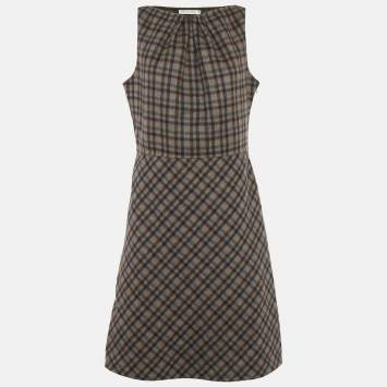 Pre Owned Christian Dior Brown Plaid Wool Flared Short Dress L