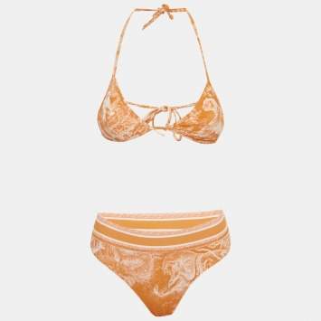 Pre Owned Christian Dior Orange Toile de Jouy Jersey Bikini Set XS