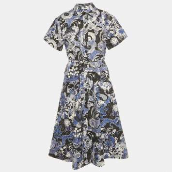 Pre Owned Christian Dior Navy Blue Celestial Print Cotton Belted Midi Dress M