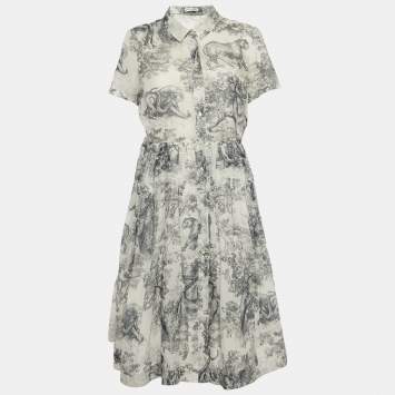 Pre Owned Christian Dior White Toile De Jouy Print Cotton Midi Shirt Dress L