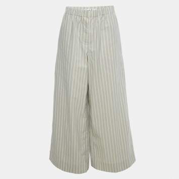 Pre Owned Christian Dior Grey Striped Cotton Wide-Leg Trousers L