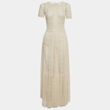 Pre Owned Christian Dior Cream Crochet and Lace Sheer Long Dress S
