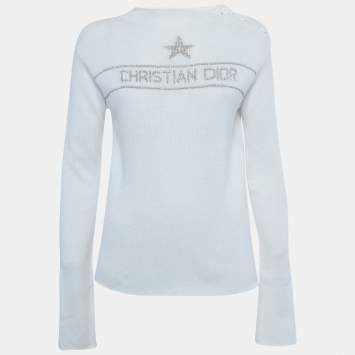 مملوكة مسبقًا Dior Ivory Lurex Logo Intarsia Knit Sweater S