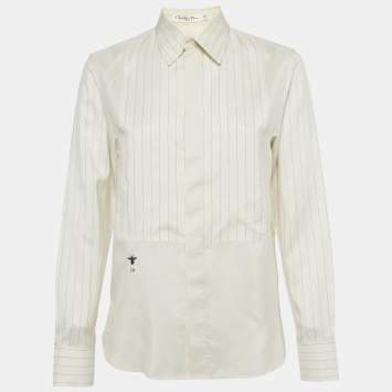 مملوكة مسبقًا Dior Cream Striped CD Bee Embroidered Silk Shirt S