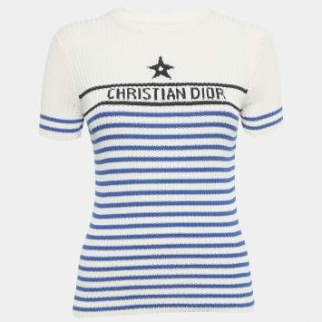 Pre Owned Christian Dior Cream / Blue Logo Striped Knit Sweater Top L