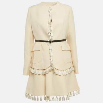 Pre Owned Dior Ecru Wool Blend Tassel Detail Jacket & Dress Set L