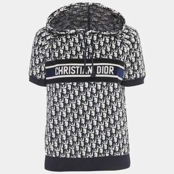 Pre Owned Christian Dior Blue/White Oblique Velvet Short Sleeve Hoodie S