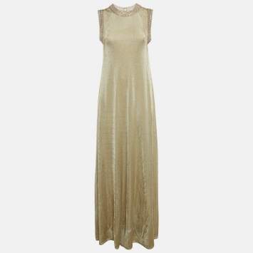 Pre Owned Christian Dior Gold Embellished Detail Mesh Long Dress M