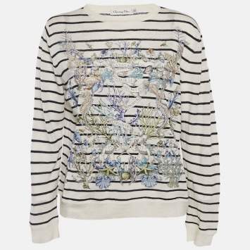 Pre Owned Christian Dior White Striped Linen & Cashmere Knit Sweater M