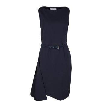 Pre Owned Dior Navy Blue Textured Sleeveless Belted Dress M