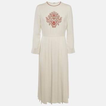 Pre Owned Christian Dior Beaded Silk Pleated Midi Dress M