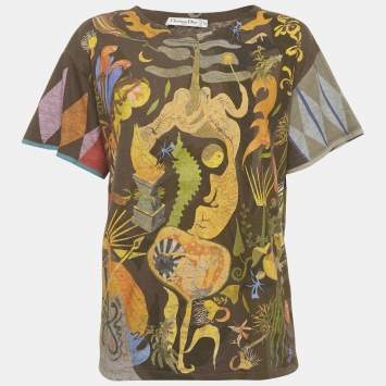 Pre Owned Christian Dior Brown Graphic Printed Jersey Short Sleeve T-Shirt S