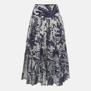Pre Owned Christian Dior White/Blue Toile de Jouy Print Cotton Pleated Midi Skirt S