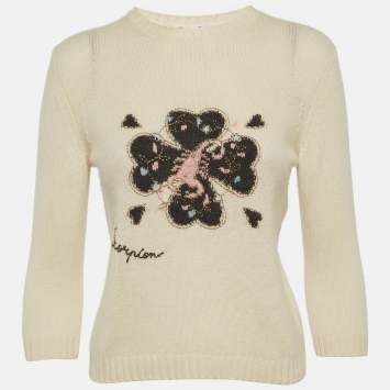 Pre Owned Christian Dior Cream Cashmere Clover Sweater S