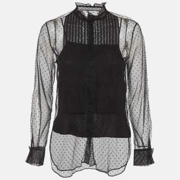 Pre Owned Christian Dior Black Plumetis Tulle Sheer Blouse S
